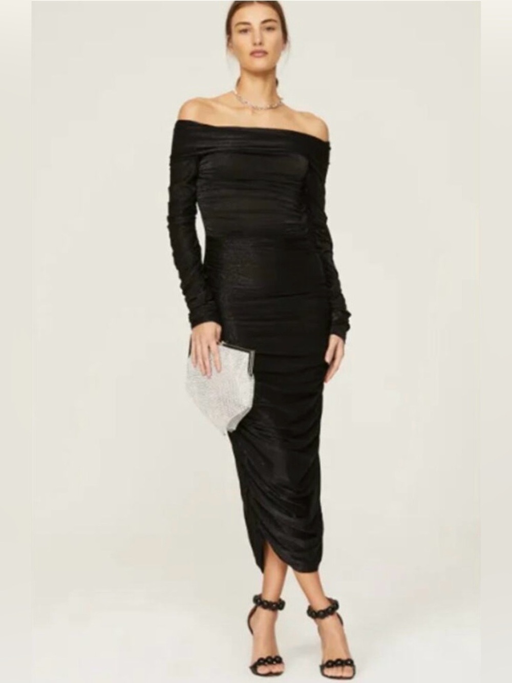 Bronx and Banco Black Off Shoulder Ruched Long Sleeve Midi Dress Size S